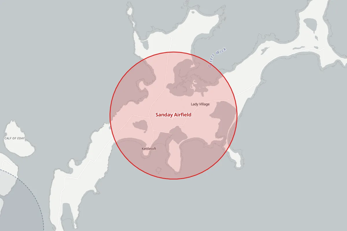 Map of the Flight Restriction Zone around Sanday Airfield and neighbouring aerodrome zones