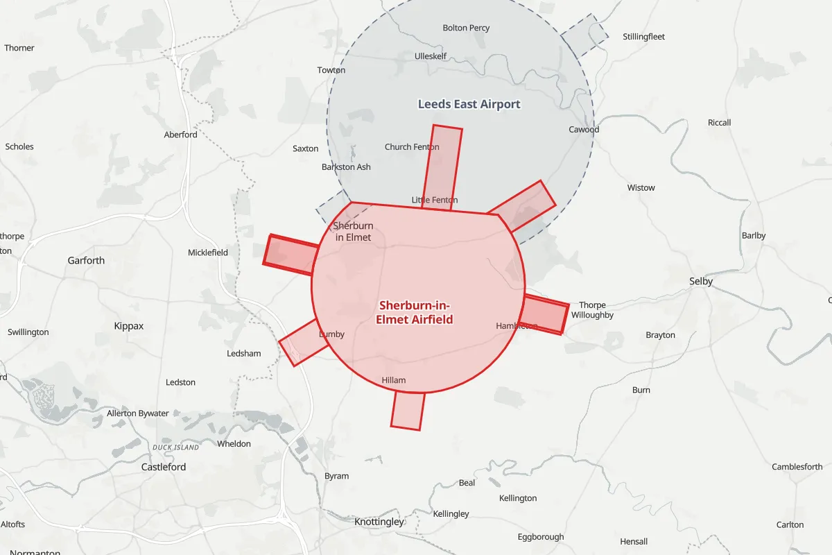 Map of the Flight Restriction Zone around Sherburn-in-Elmet Airfield and neighbouring aerodrome zones