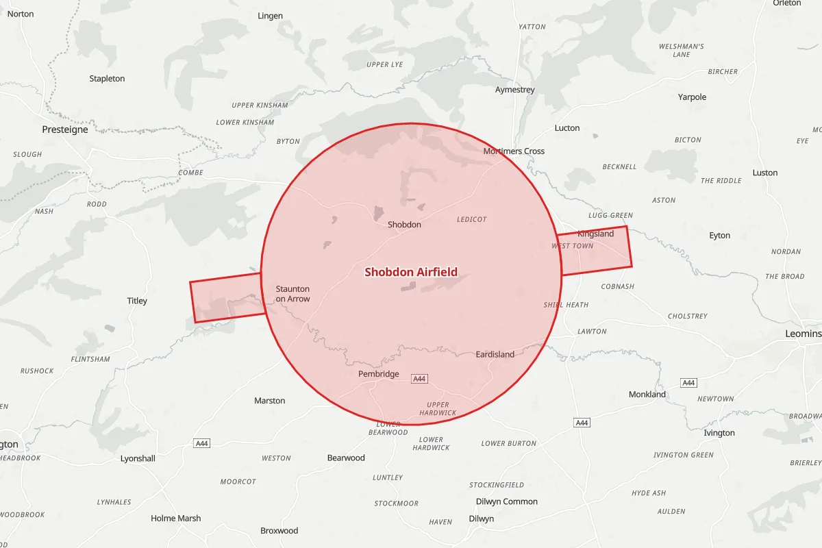 Map of the Flight Restriction Zone around Shobdon Airfield
