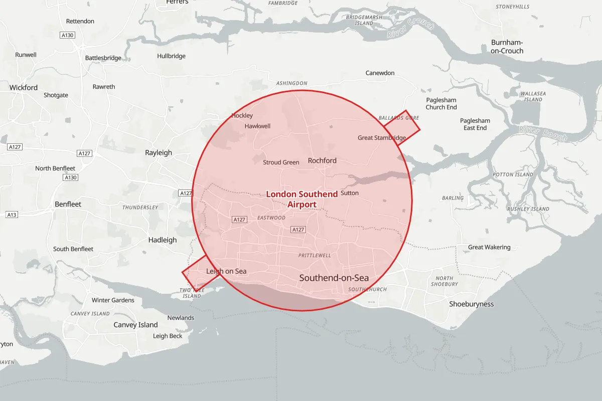 Map of the Flight Restriction Zone around London Southend Airport and neighbouring aerodrome zones