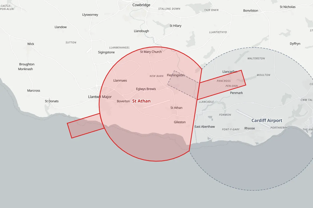 Map of the Flight Restriction Zone around St Athan and neighbouring aerodrome zones