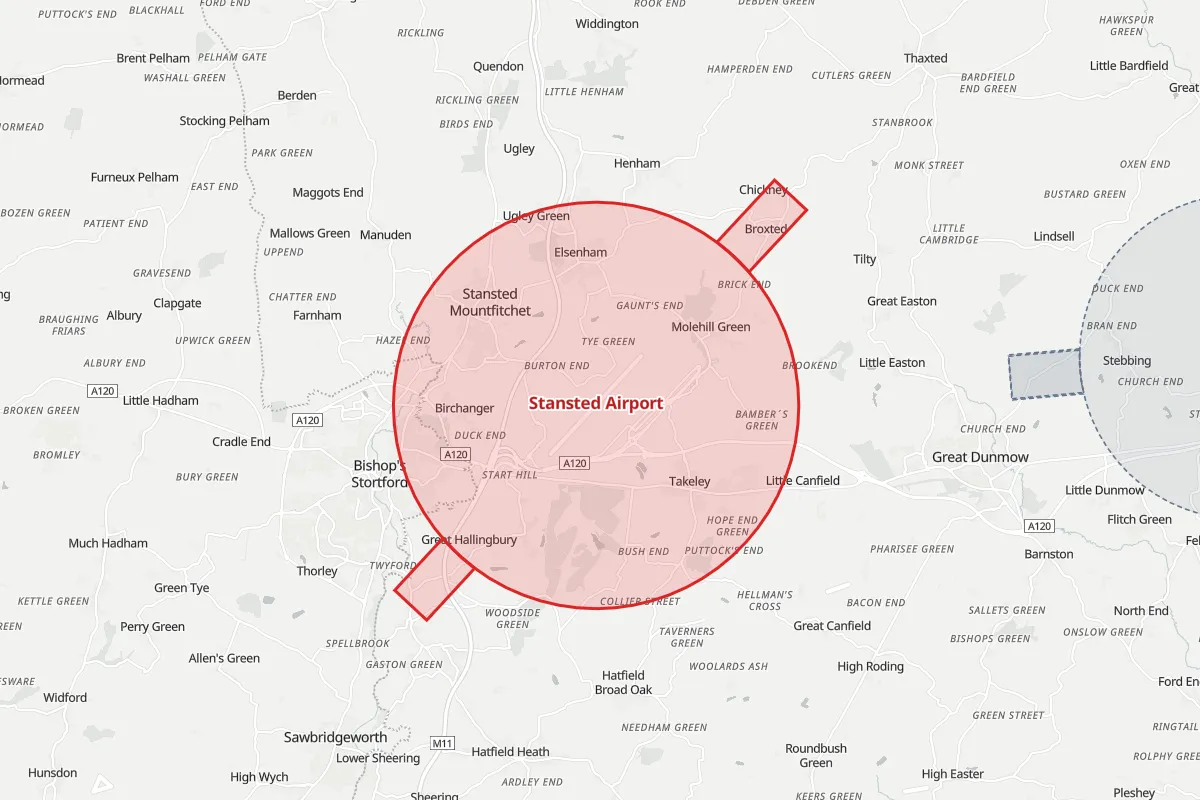 Map of the Flight Restriction Zone around Stansted Airport and neighbouring aerodrome zones