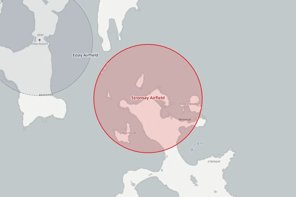 Map of the Flight Restriction Zone around Stronsay Airfield and neighbouring aerodrome zones