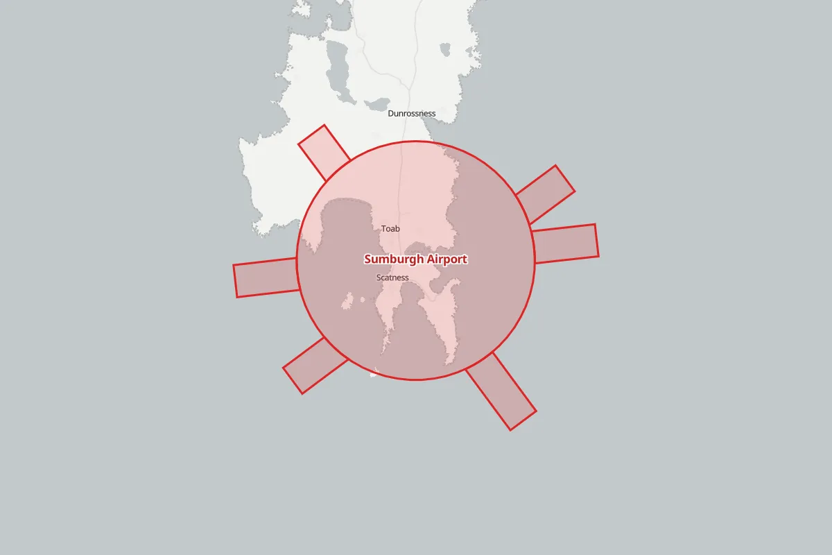 Map of the Flight Restriction Zone around Sumburgh Airport and neighbouring aerodrome zones
