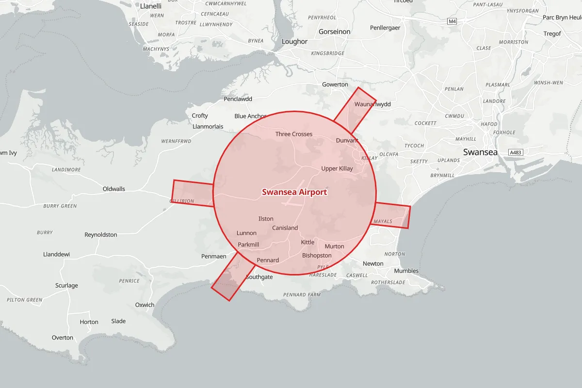 Map of the Flight Restriction Zone around Swansea Airport