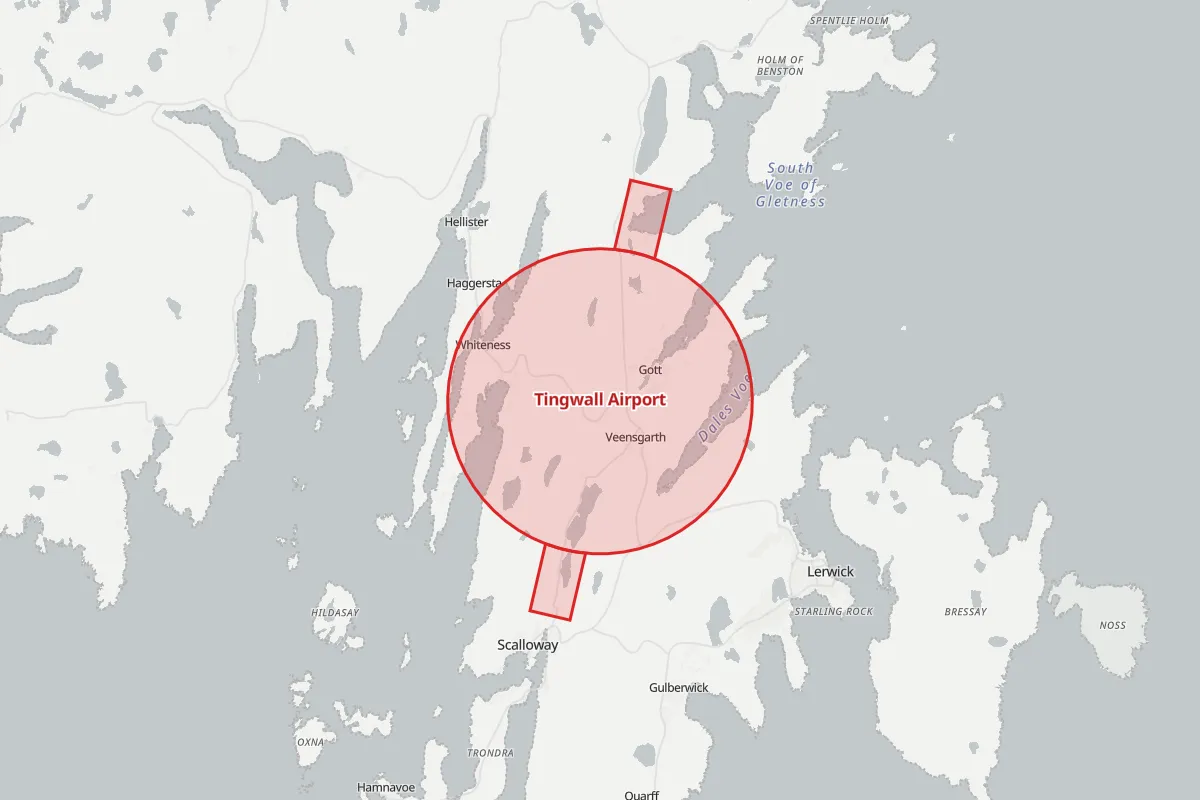 Map of the Flight Restriction Zone around Tingwall Airport and neighbouring aerodrome zones