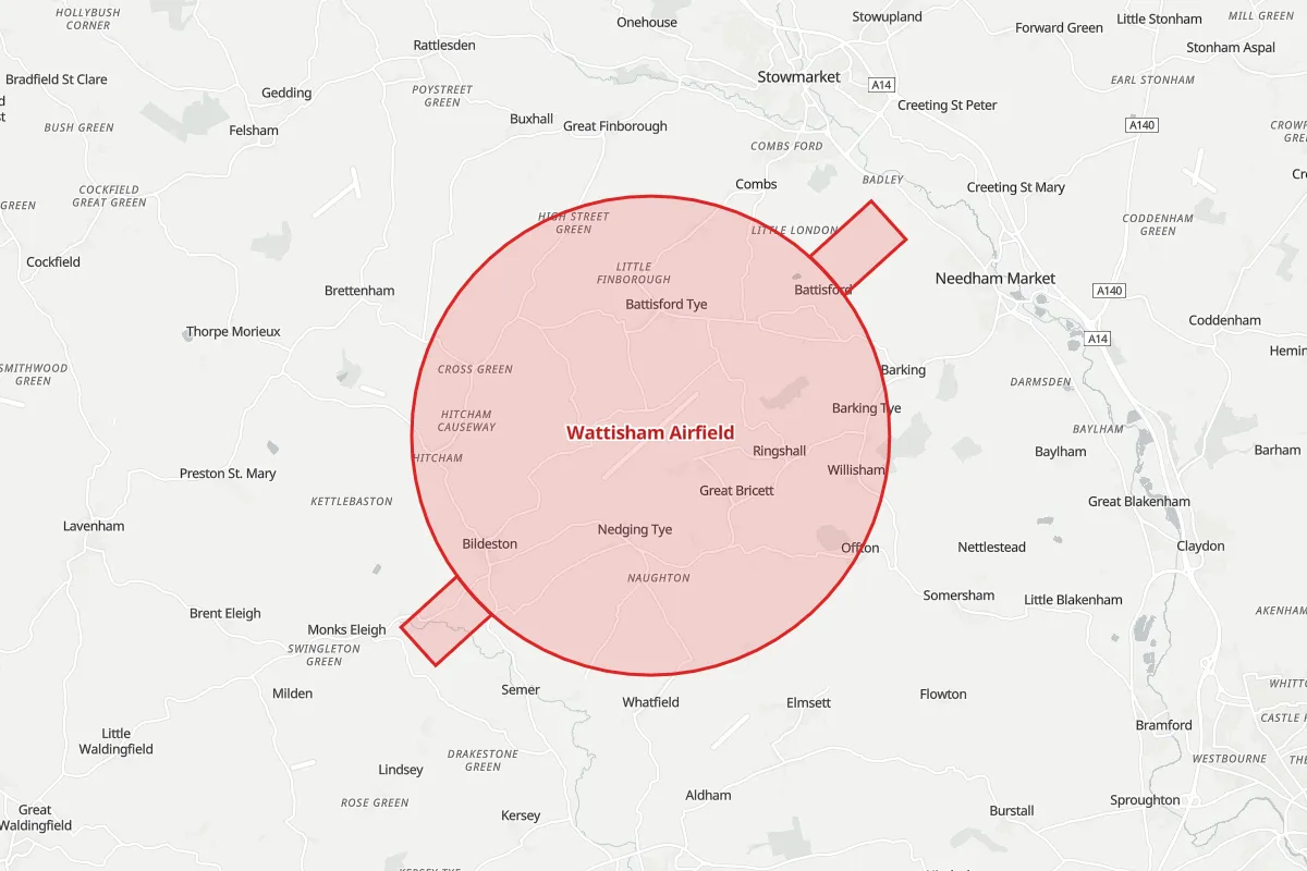 Map of the Flight Restriction Zone around Wattisham Airfield
