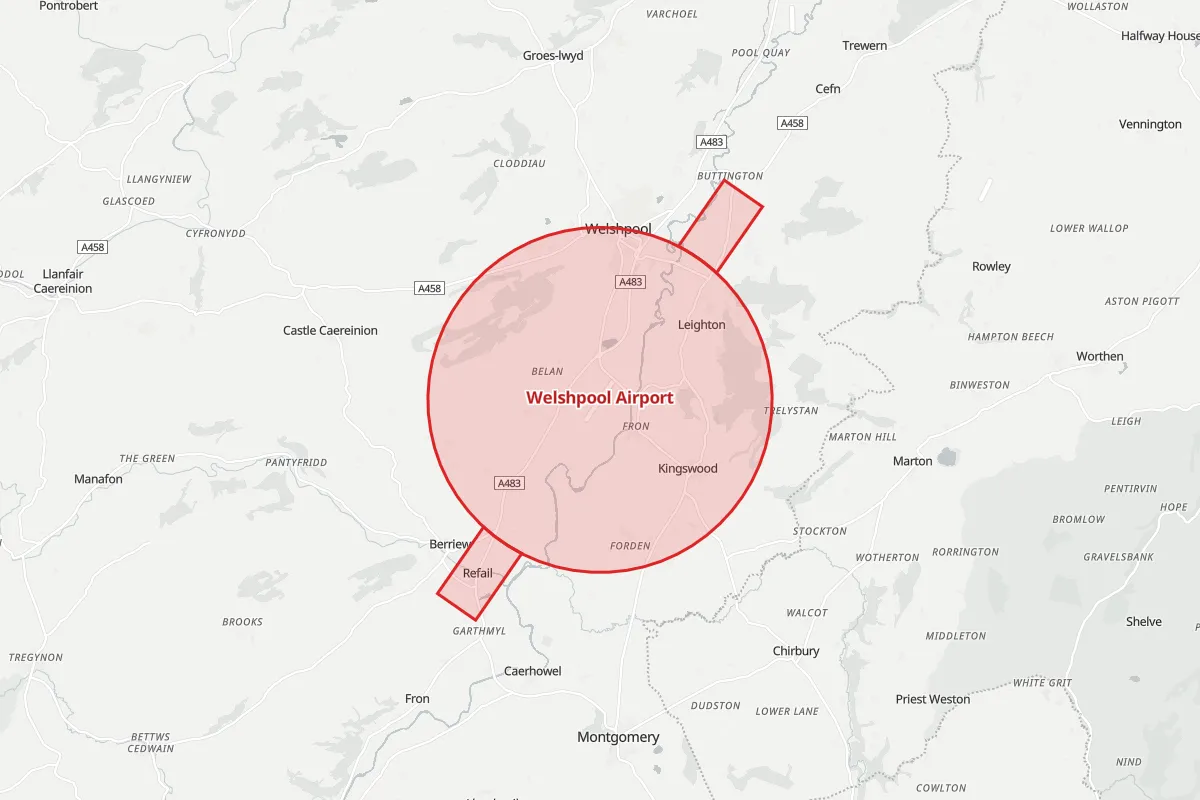Map of the Flight Restriction Zone around Welshpool Airport