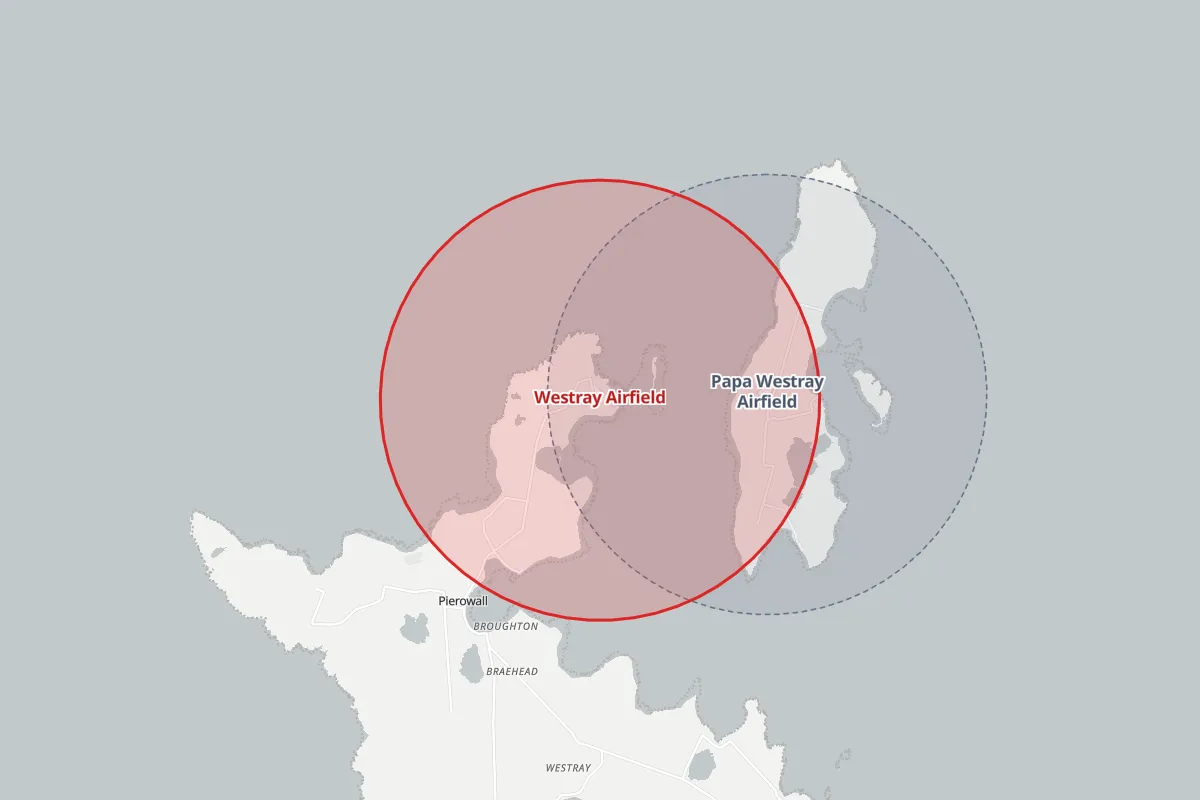 Map of the Flight Restriction Zone around Westray Airfield and neighbouring aerodrome zones