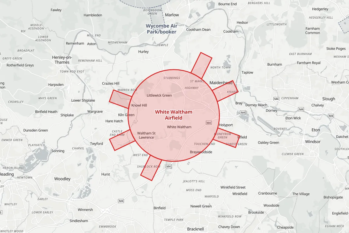 Map of the Flight Restriction Zone around White Waltham Airfield and neighbouring aerodrome zones