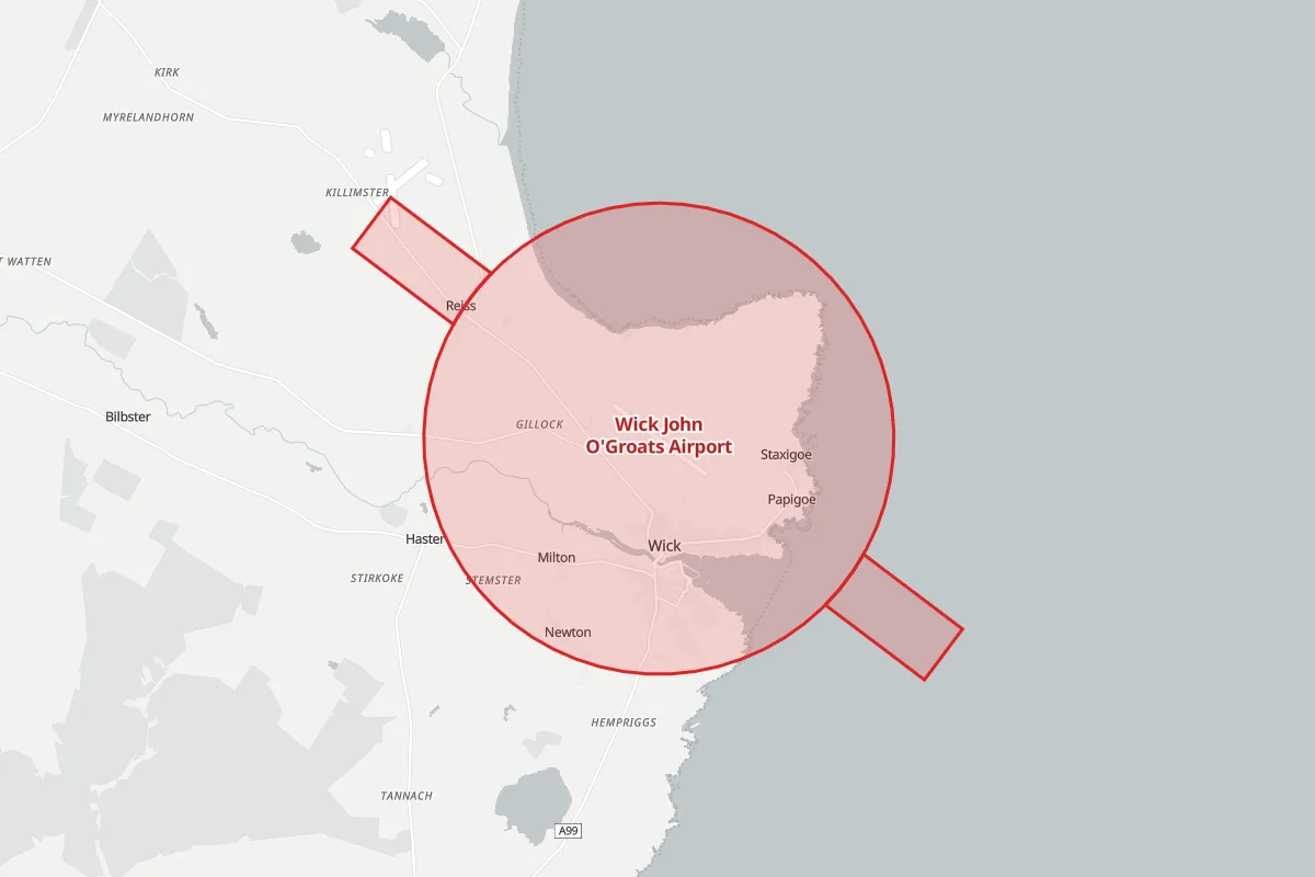 Map of the Flight Restriction Zone around Wick John O'Groats Airport