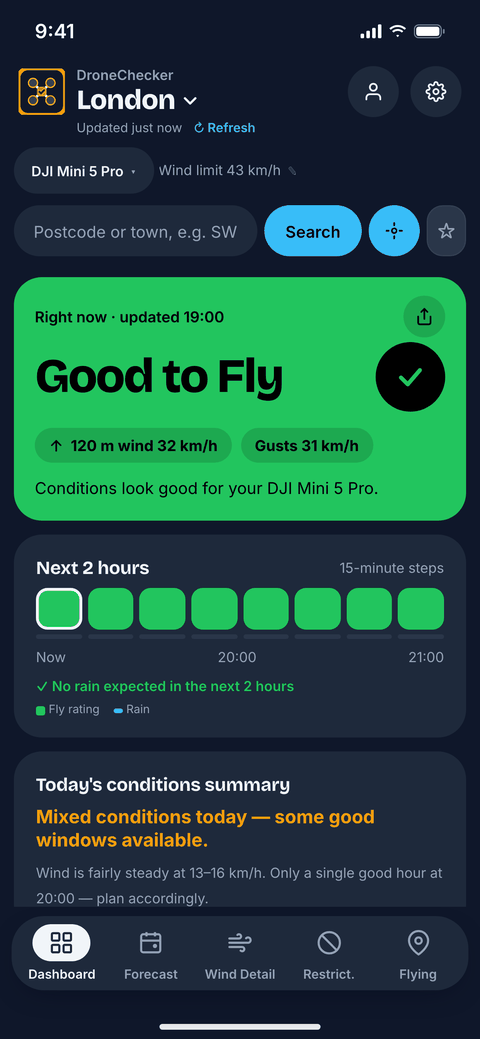 DroneChecker dashboard showing a Good to Fly rating, the next 2 hours in 15-minute steps and today's conditions summary