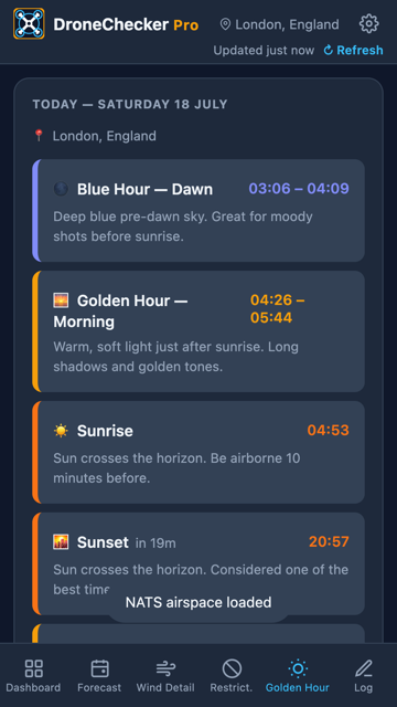 Golden Hour screen listing blue hour, golden hour, sunrise and sunset times with a LIVE NOW badge