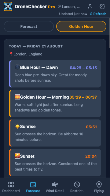 Golden Hour screen listing blue hour, golden hour, sunrise and sunset times with a LIVE NOW badge