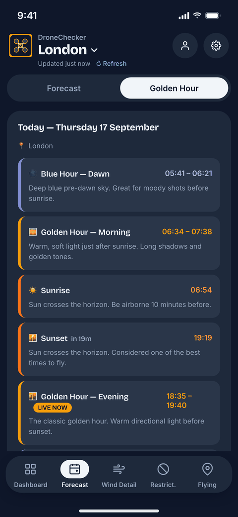 Golden Hour screen listing blue hour, golden hour, sunrise and sunset times with a LIVE NOW badge