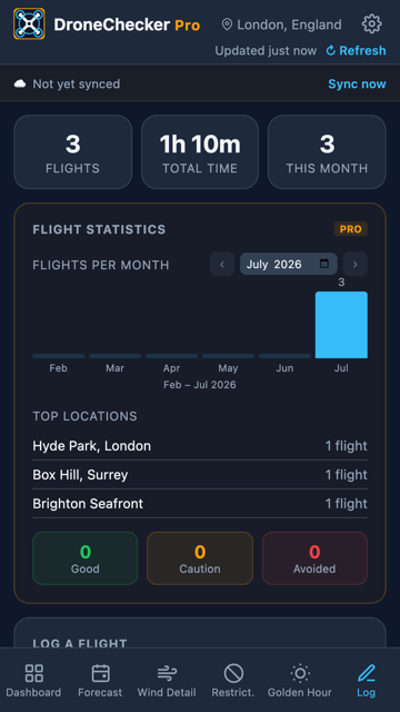 Flight Log screen showing flight statistics, flights per month chart and top locations