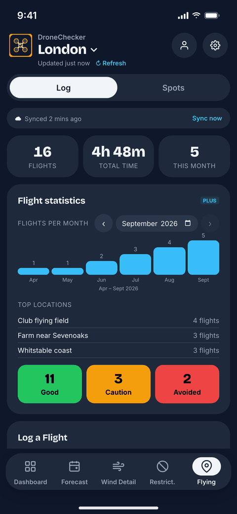 Flight Log screen showing flight statistics, flights per month chart and top locations
