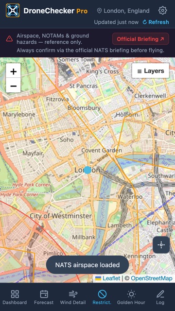 Restrictions map over London showing NATS airspace, danger areas and ground hazards