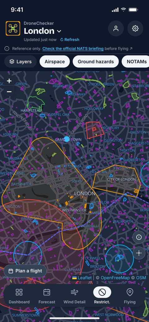 Restrictions map over London showing NATS airspace, danger areas and ground hazards