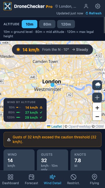Wind Detail screen showing wind speed and direction on a map with a wind-by-altitude breakdown
