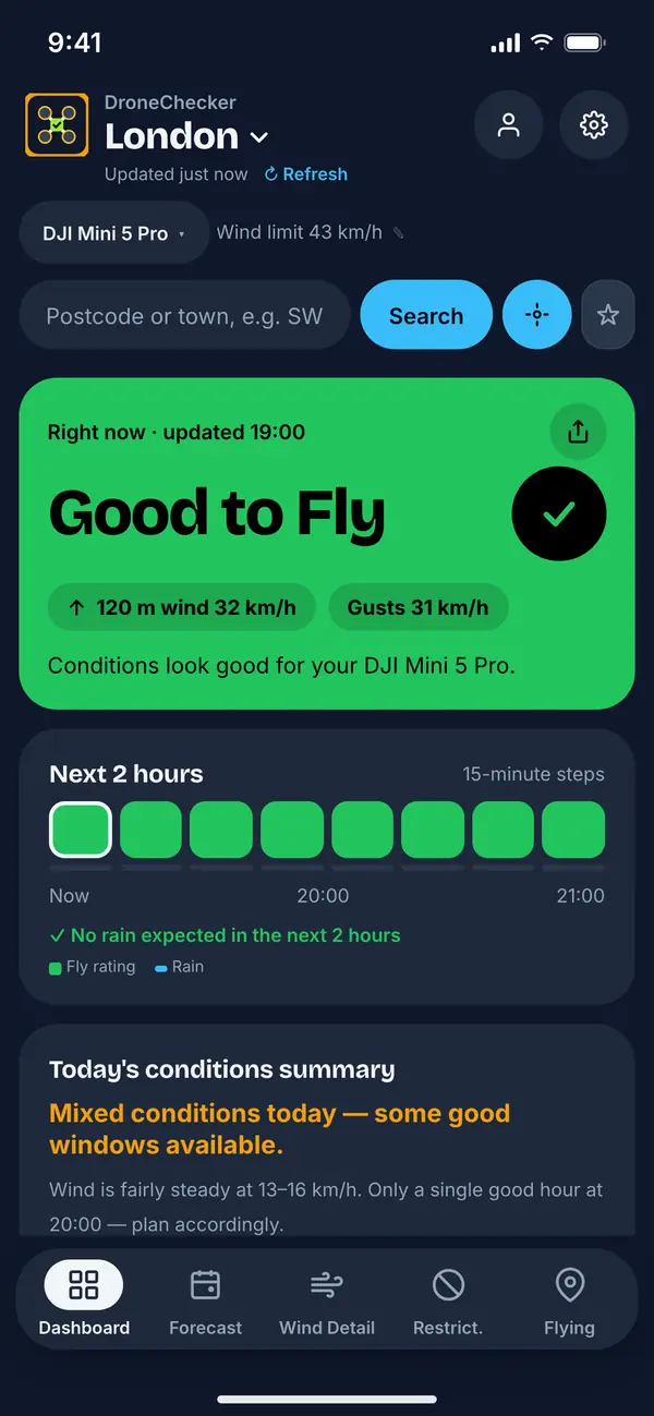 The DroneChecker dashboard rating conditions Good to Fly for a DJI Mini 5 Pro in London
